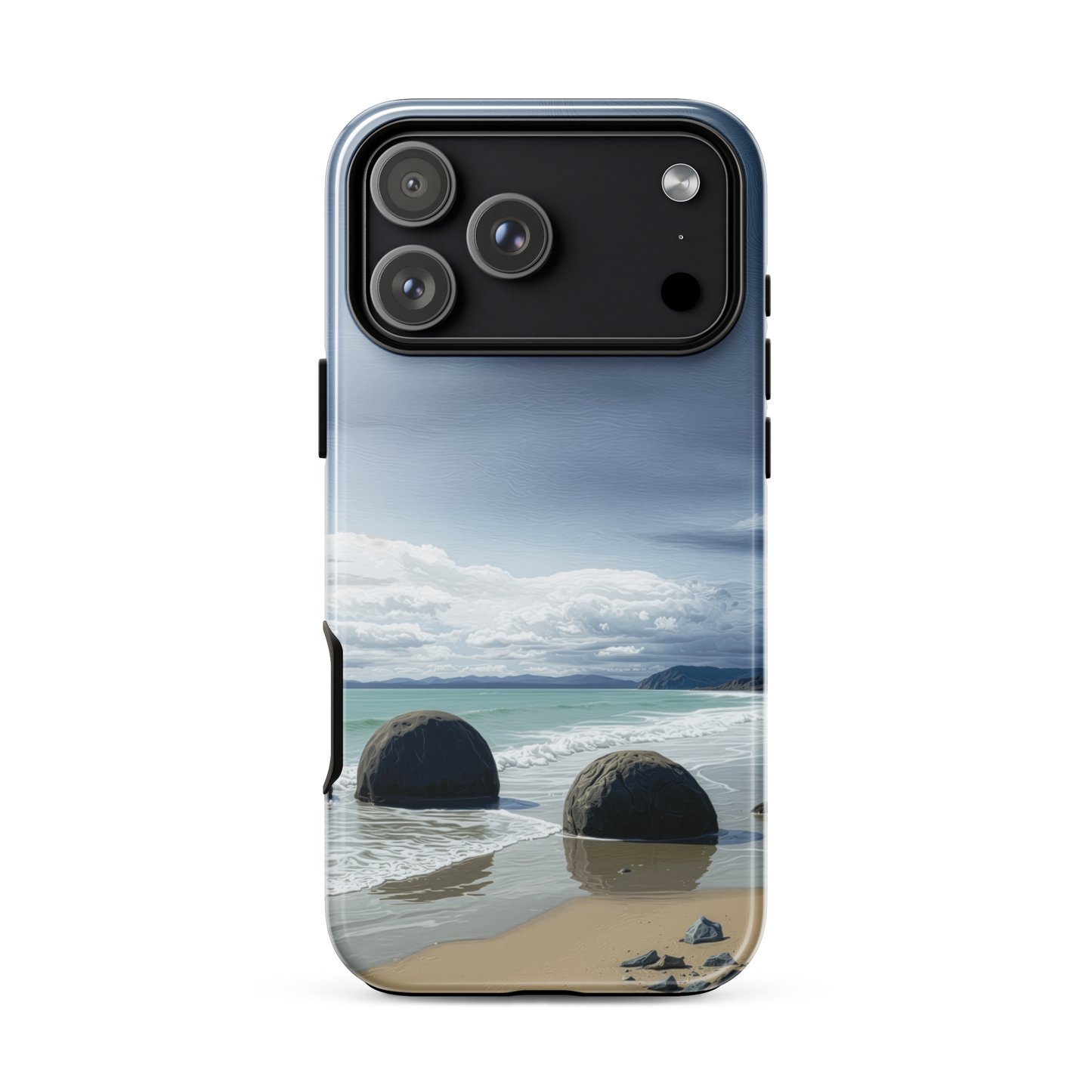 Moeraki Boulders coastal designer phone case with ocean waves and dramatic NZ sky