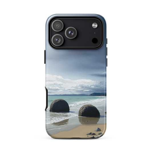 Moeraki Boulders coastal designer phone case with ocean waves and dramatic NZ sky