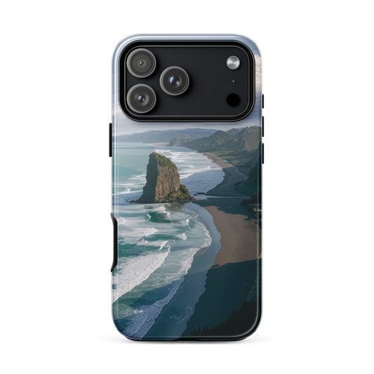 Piha Beach Lion Rock designer phone case with turquoise waves and dramatic NZ coastline