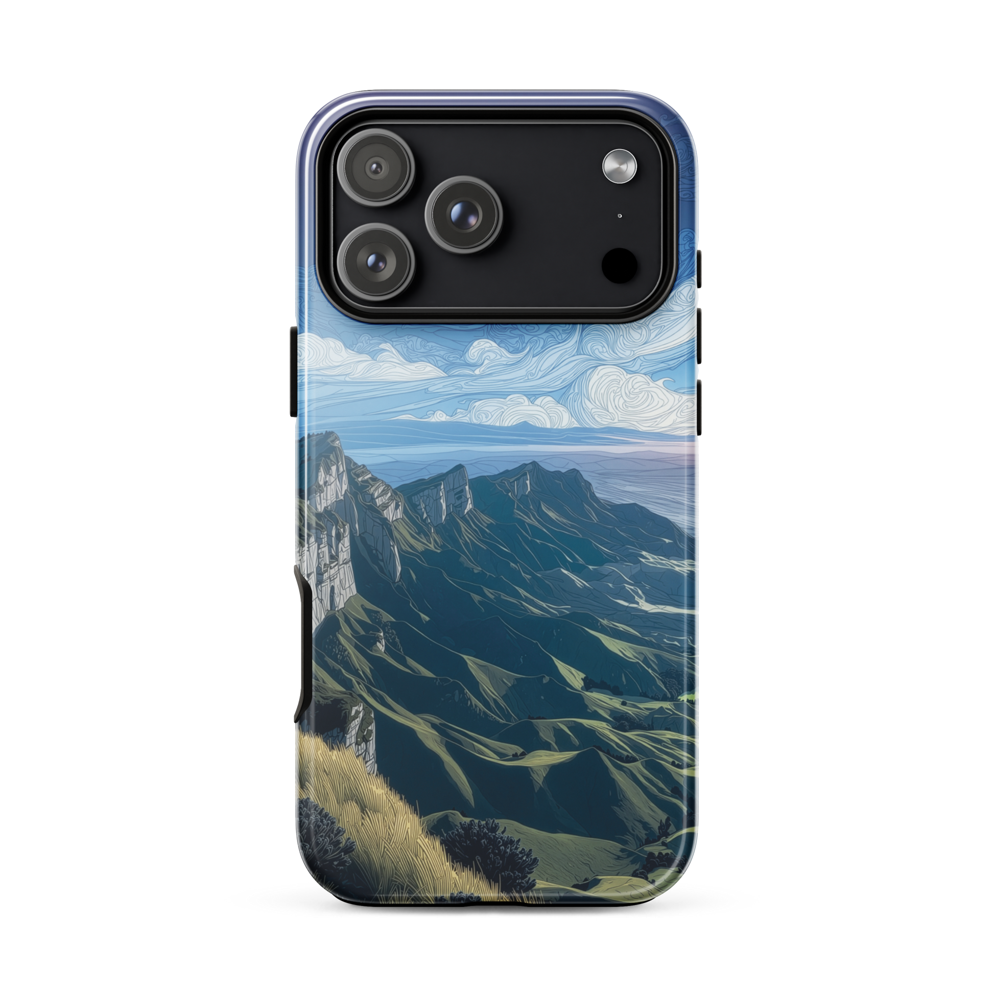 Te Mata Peak designer phone case with Hawke’s Bay cliffs, rolling green hills and dramatic swirling sky