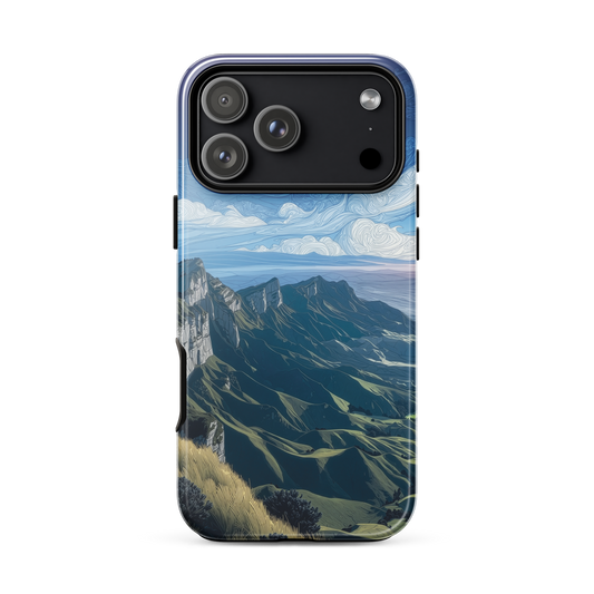 Te Mata Peak designer phone case with Hawke’s Bay cliffs, rolling green hills and dramatic swirling sky