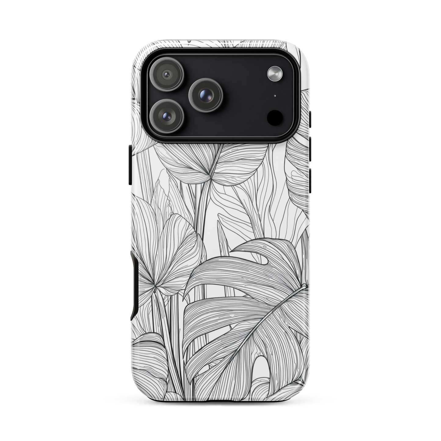 Minimal black and white tropical leaf designer phone case with detailed botanical line art