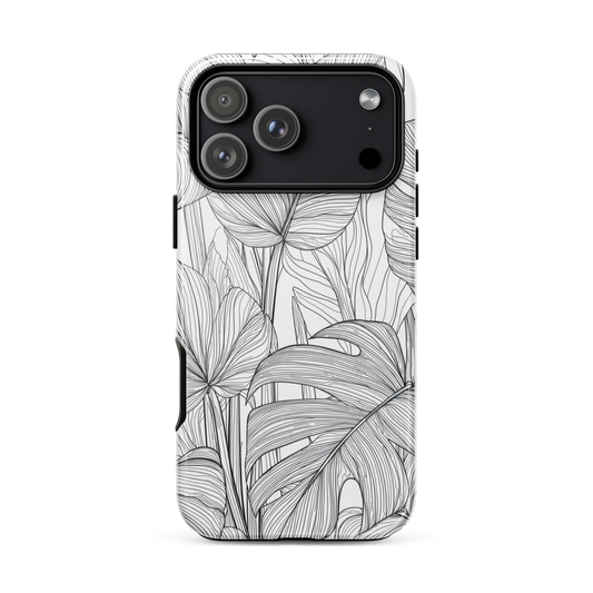 Minimal black and white tropical leaf designer phone case with detailed botanical line art