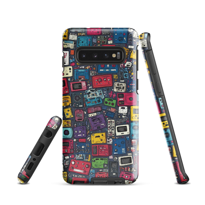 'Arcade' Samsung case, featuring a vibrant collage of hand-drawn controllers in bold, vintage-inspired colours. From electric blue and hot pink to classic black and yellow