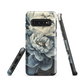 'Whisper' Samsung case features a stunning close-up of softly painted peony blooms in dreamy shades of ivory, grey, and smoky blue.