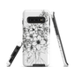 Black and white floral phone case with hand-drawn lilies and wildflowers
