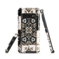 Moroccan tile pattern phone case in black, white, and gold tones with vintage-inspired design.
