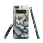 Black and white floral phone case featuring a soft, moody peony design by New Zealand artist Ben Hart.