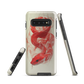 Phone case with red snake design on a cream background, coiled in smoky detail. Bold artwork by NZ designer Ben Hart.