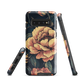 Phone case with vintage-style pink roses and bees on dark background, floral New Zealand artwork.
