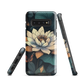 Phone case with ivory water lily, green leaves, and butterfly accents on dark background