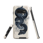 Phone case with black python and smoke design on cream background, serpent art by NZ artist Ben Hart.