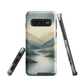 Phone case with soft mountain and valley design in misty green, blue, and golden tones