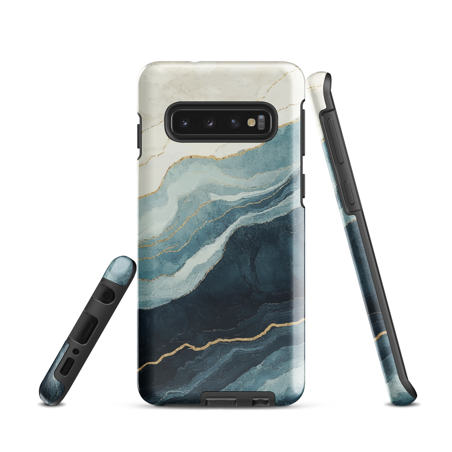 An elegant abstract phone case inspired by layered coastal forms in blue and teal tones.