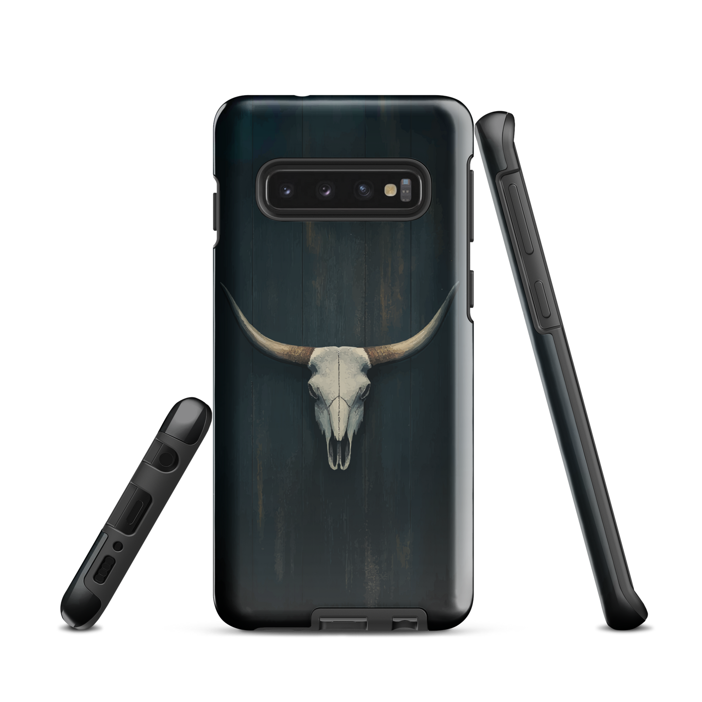 Longhorn skull set against a dark, textured backdrop - protective phone case.