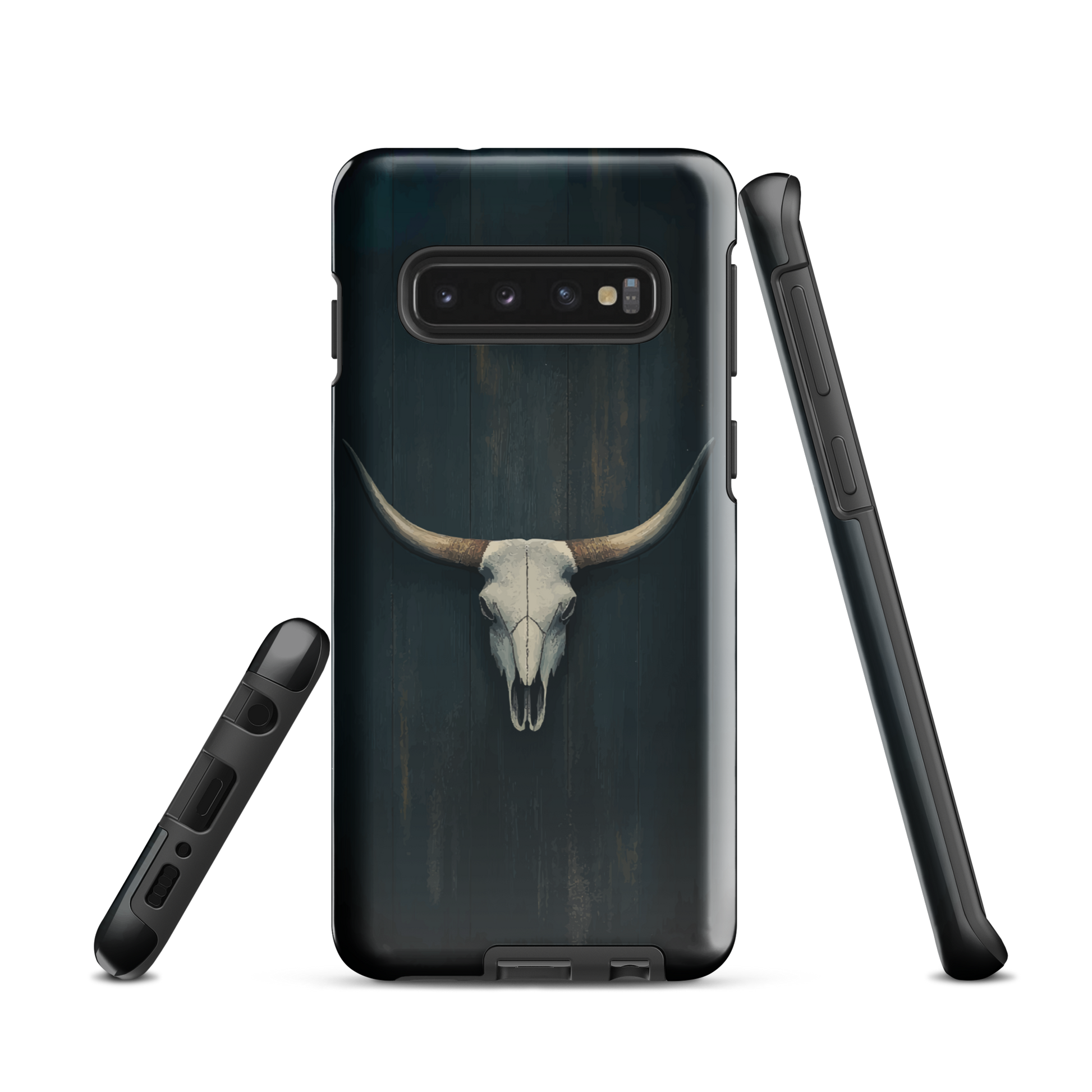 Longhorn skull set against a dark, textured backdrop - protective phone case.