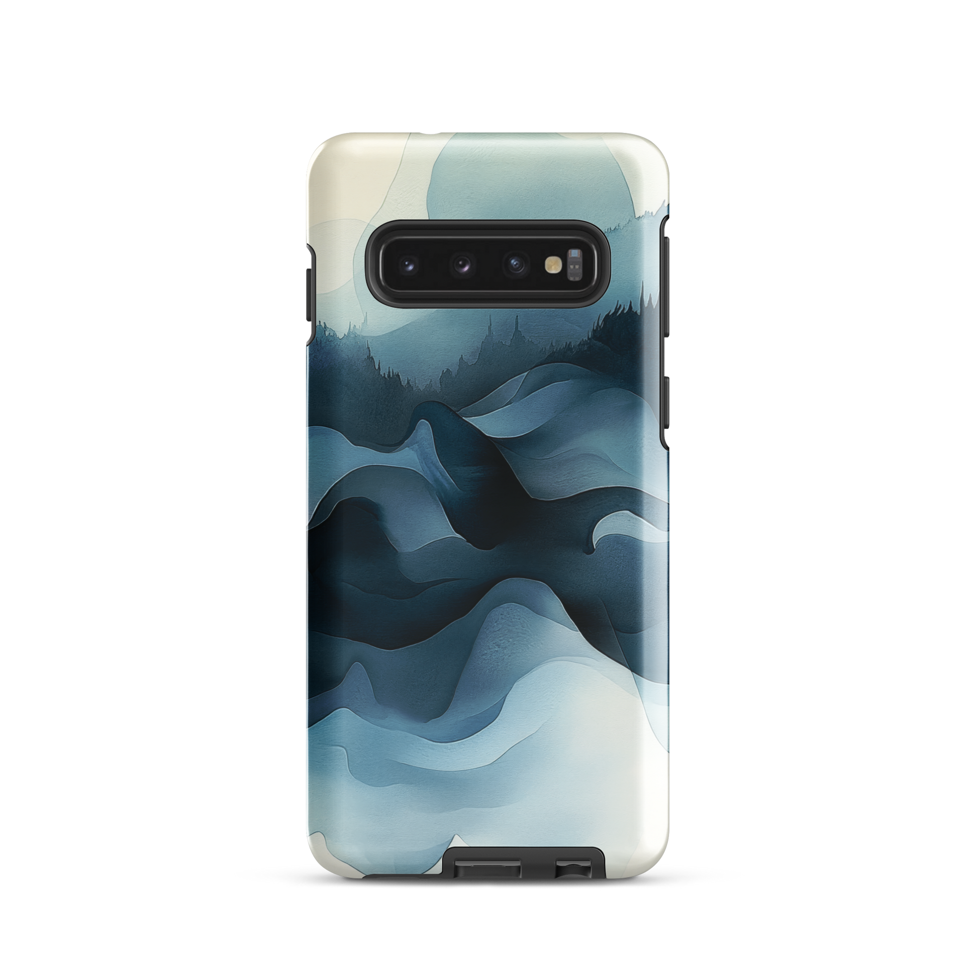 A calming abstract landscape phone case inspired by quiet valleys and soft blue tones.