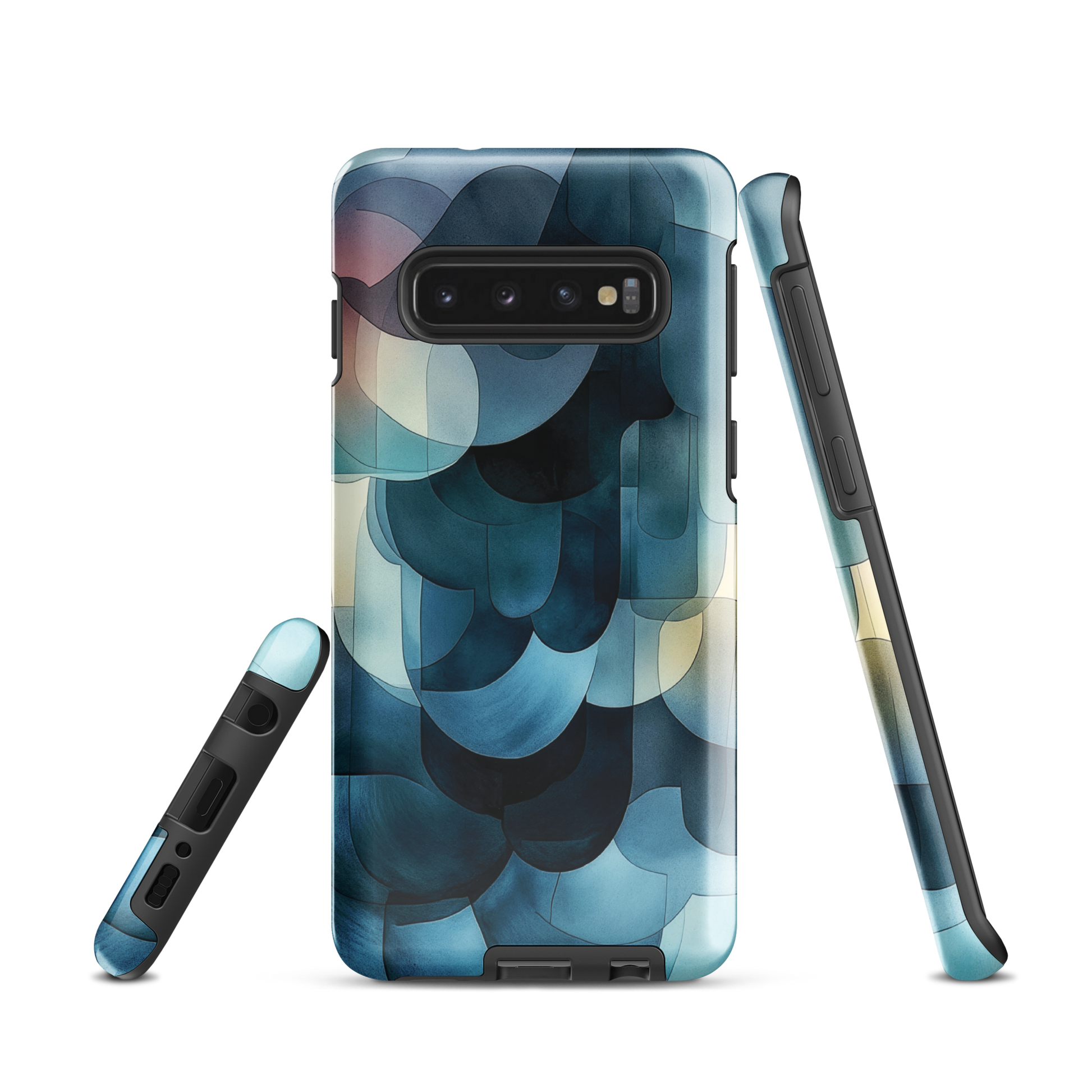 A modern abstract phone case featuring layered blue forms and soft flowing shapes.