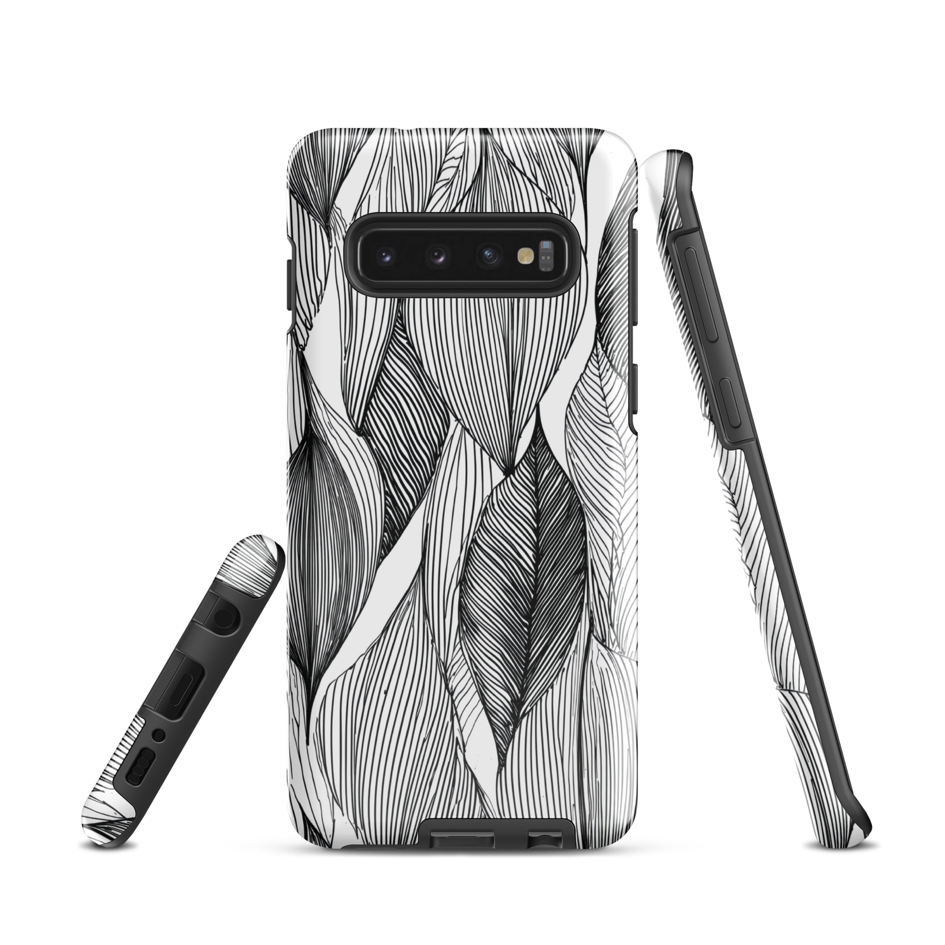 A minimalist phone case featuring fine black botanical linework in a repeating leaf pattern.