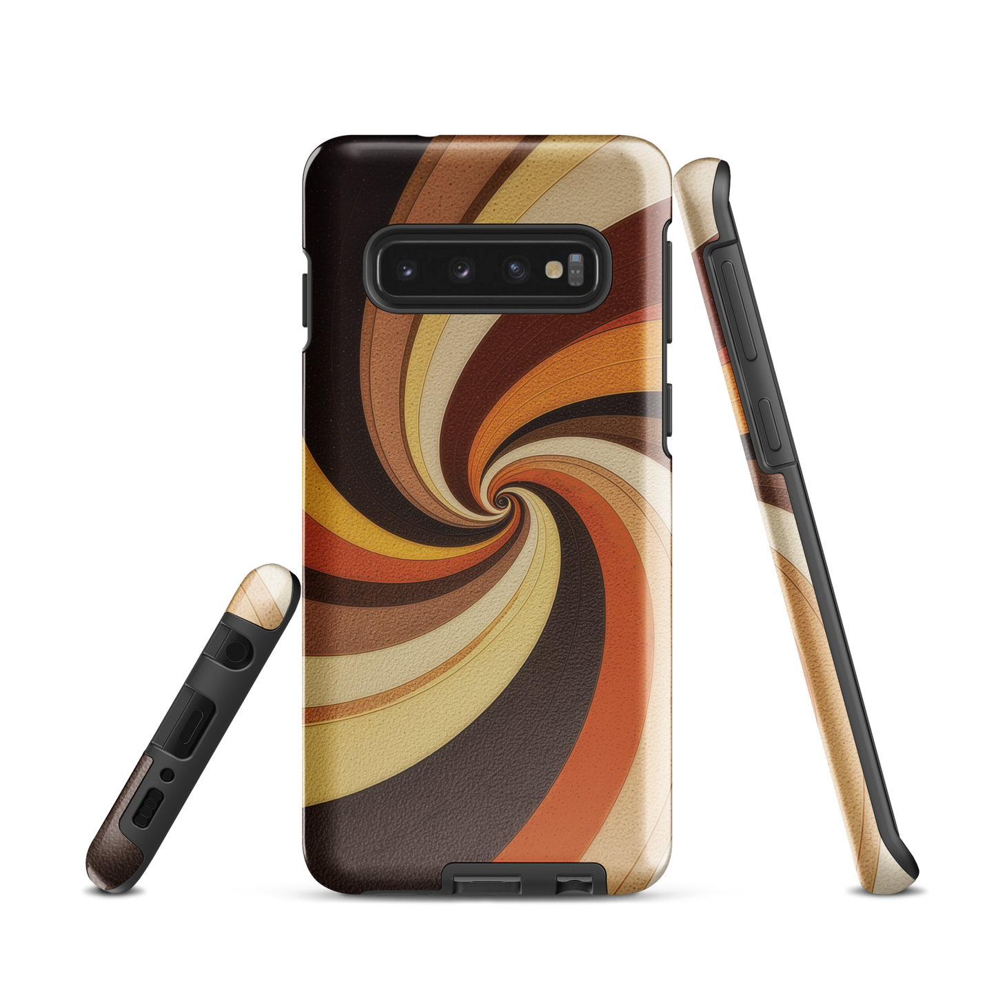 A retro-inspired phone case featuring warm swirling patterns in orange, yellow, and brown tones.