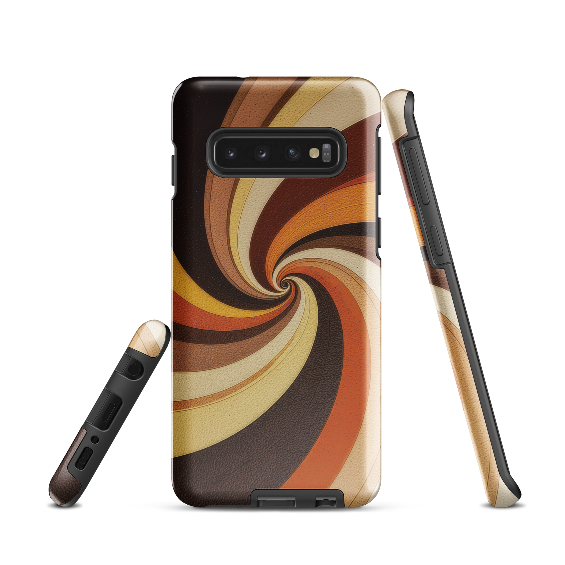 A retro-inspired phone case featuring warm swirling patterns in orange, yellow, and brown tones.