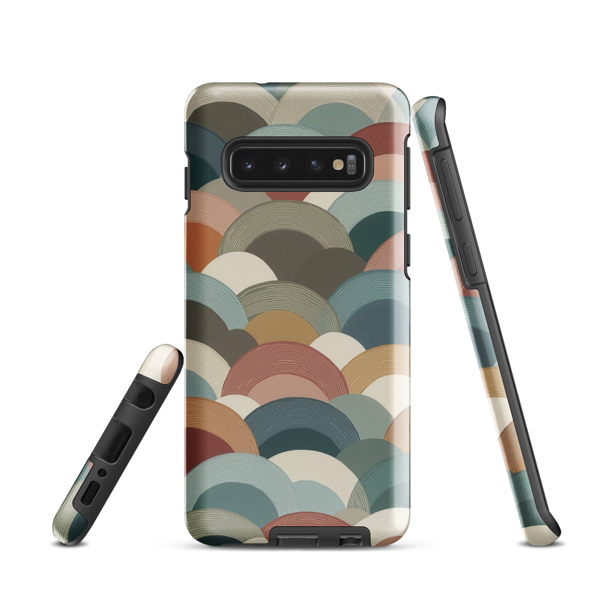 A soft retro-inspired phone case featuring layered arc shapes in warm, earthy tones.