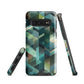 Modern abstract geometric phone case in teal and blue tones with layered retro-inspired shapes.