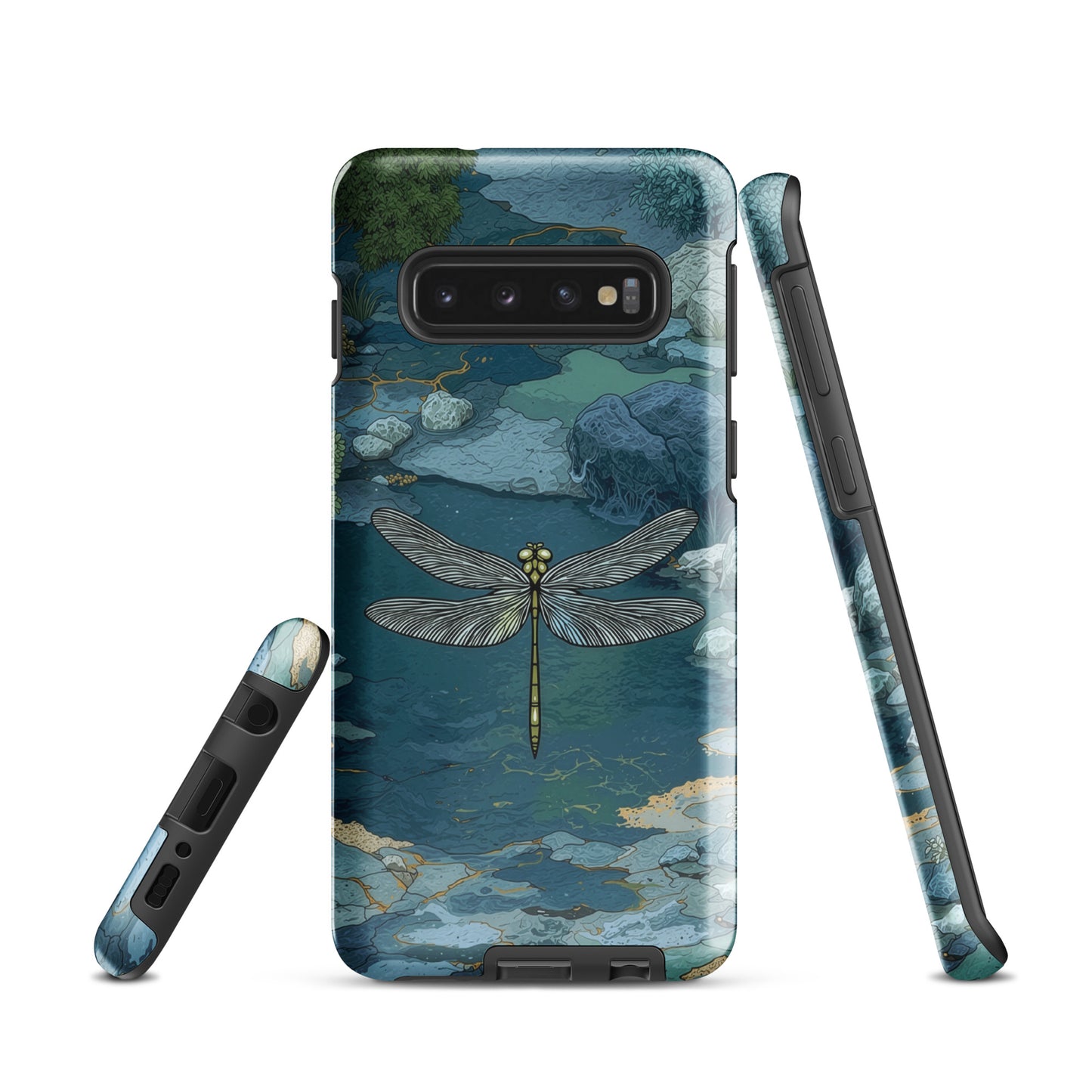 Nature-inspired phone case featuring a dragonfly over calm water with blue and green forest tones.