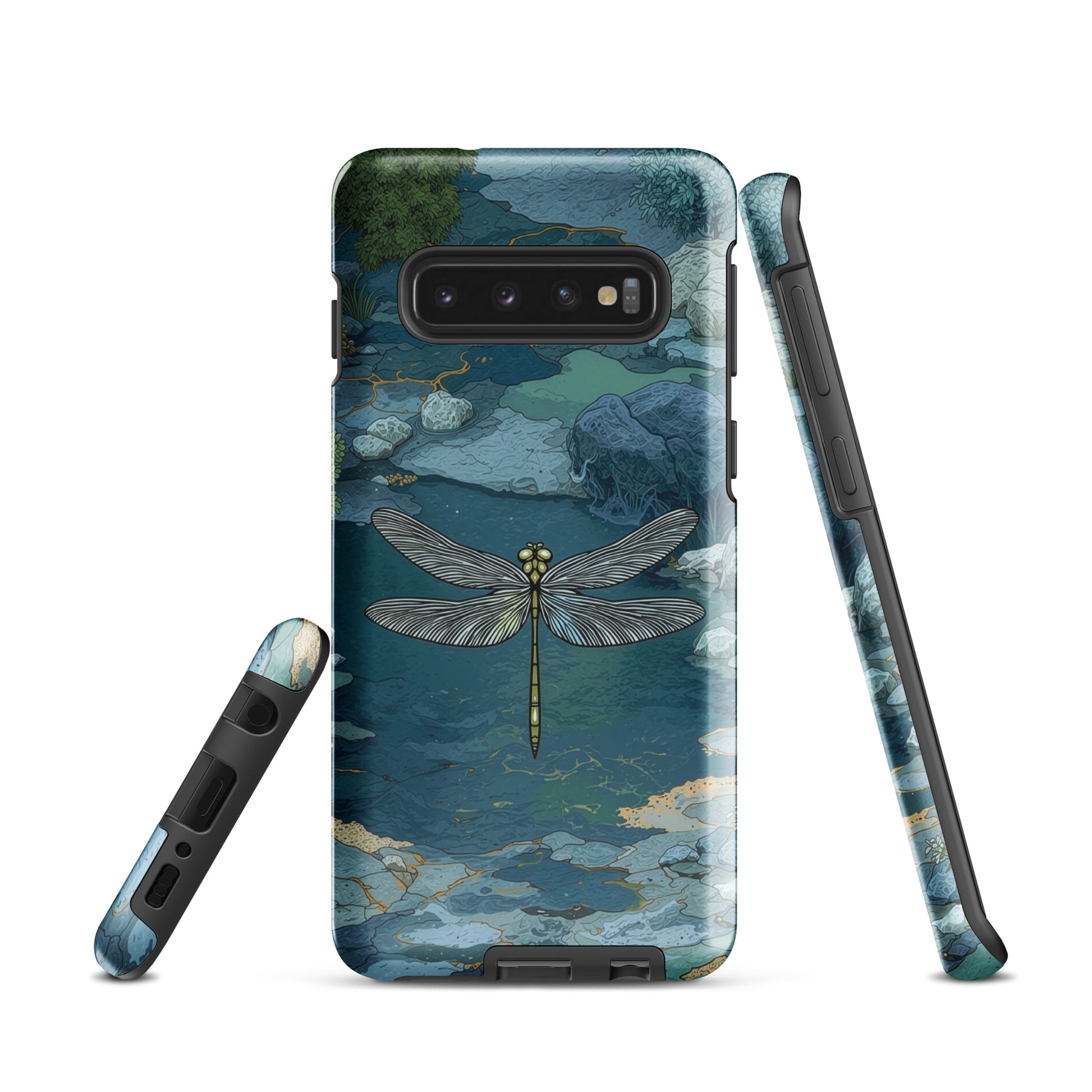 Nature-inspired phone case featuring a dragonfly over calm water with blue and green forest tones.
