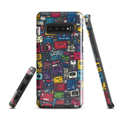 'Arcade' Samsung case, featuring a vibrant collage of hand-drawn controllers in bold, vintage-inspired colours. From electric blue and hot pink to classic black and yellow