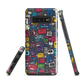 'Arcade' Samsung case, featuring a vibrant collage of hand-drawn controllers in bold, vintage-inspired colours. From electric blue and hot pink to classic black and yellow
