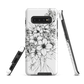 Black and white floral phone case with hand-drawn lilies and wildflowers