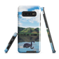 Phone case with a black swan on a calm lake, New Zealand hills in the background. Art by NZ designer Ben Hart.