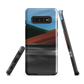 Phone case with abstract red, green, and blue heat wave landscape design.