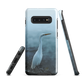 Phone case with a white heron standing in a misty wetland scene.