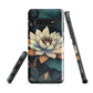 Phone case with ivory water lily, green leaves, and butterfly accents on dark background
