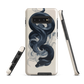 Phone case with black python and smoke design on cream background, serpent art by NZ artist Ben Hart.