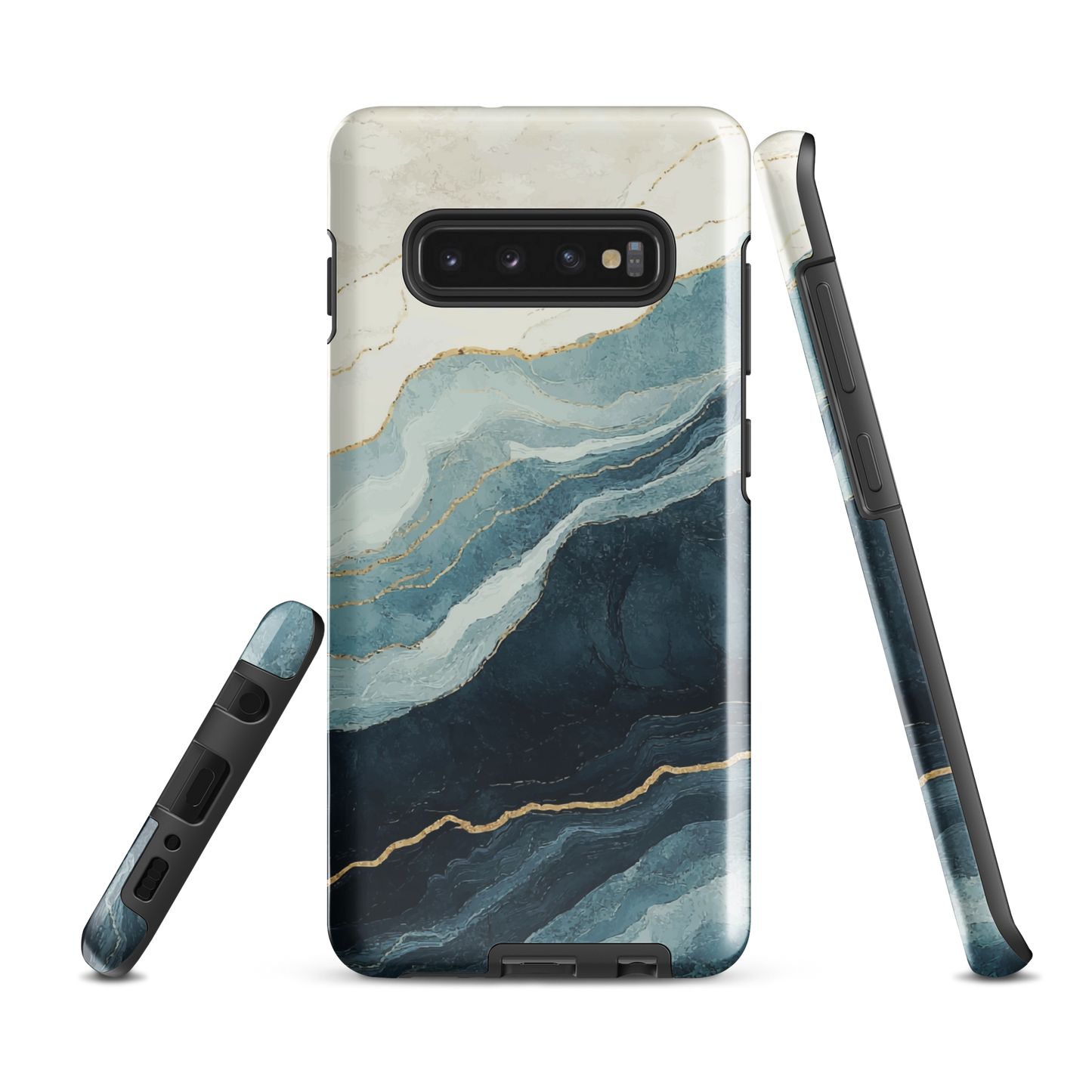 An elegant abstract phone case inspired by layered coastal forms in blue and teal tones.