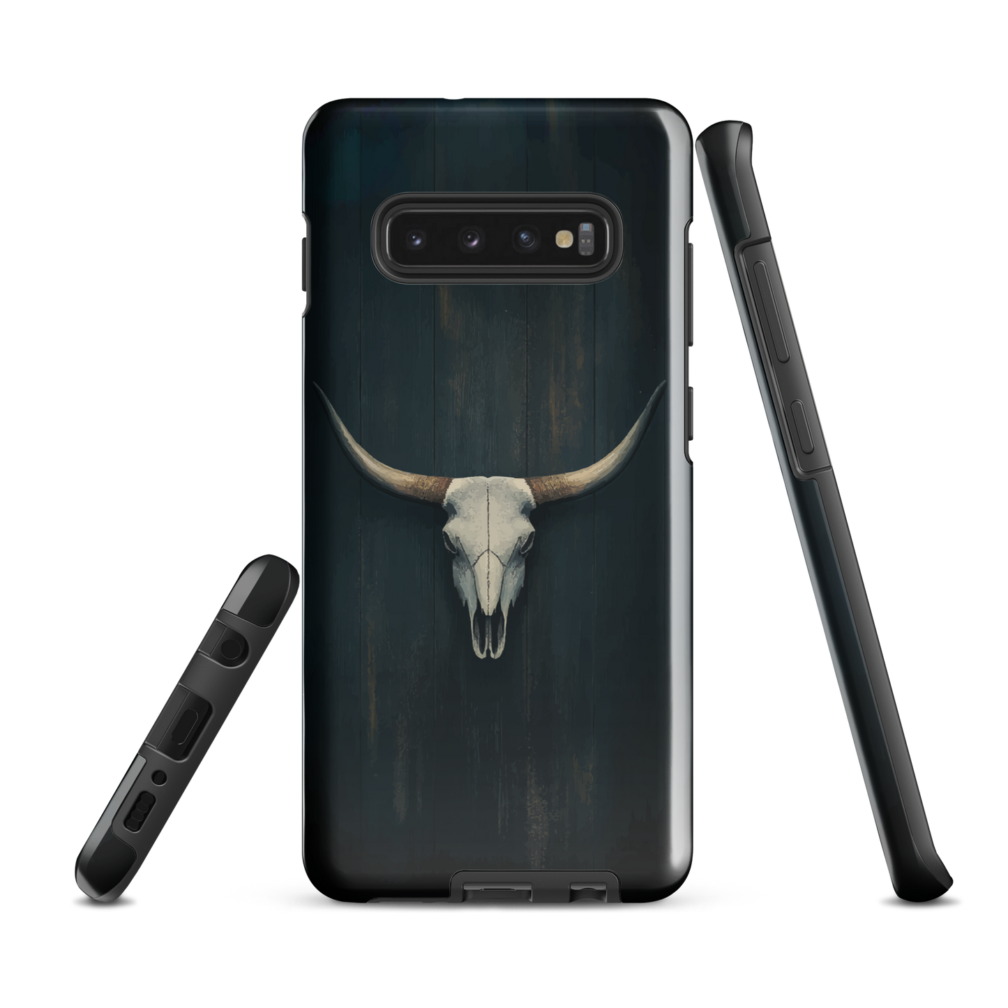 Longhorn skull set against a dark, textured backdrop - protective phone case.