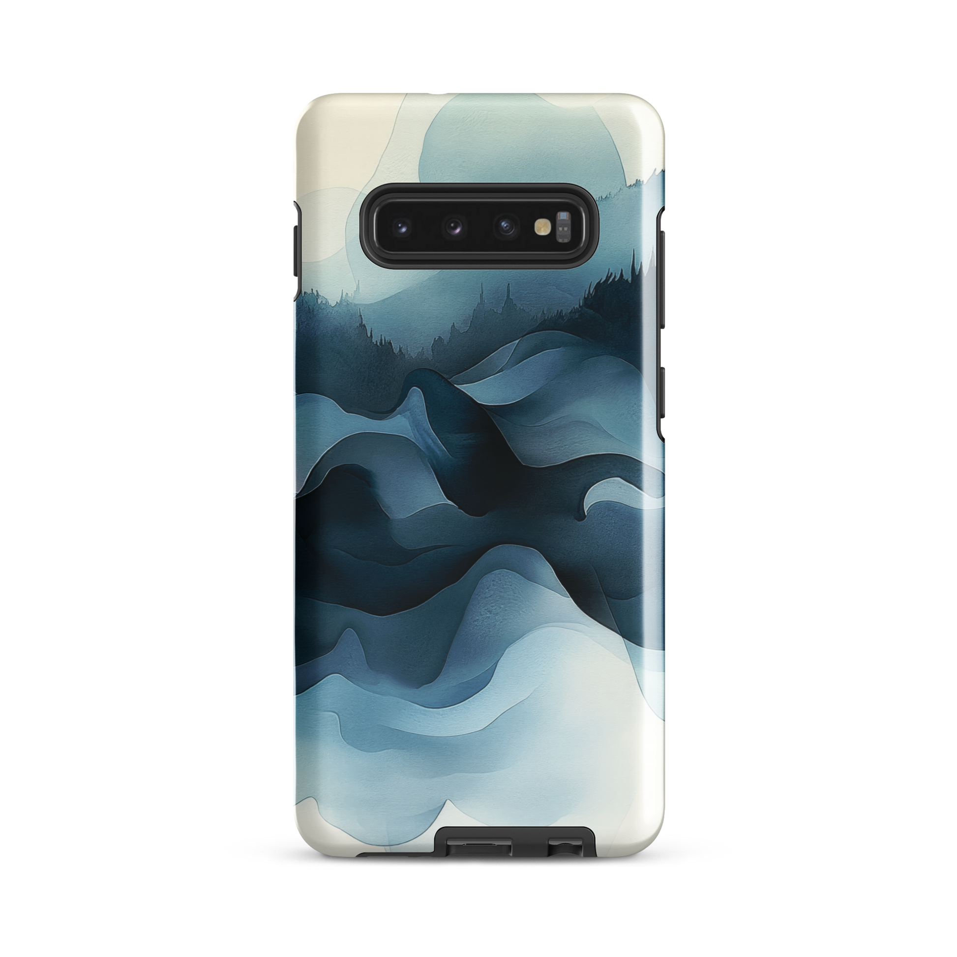 A calming abstract landscape phone case inspired by quiet valleys and soft blue tones.