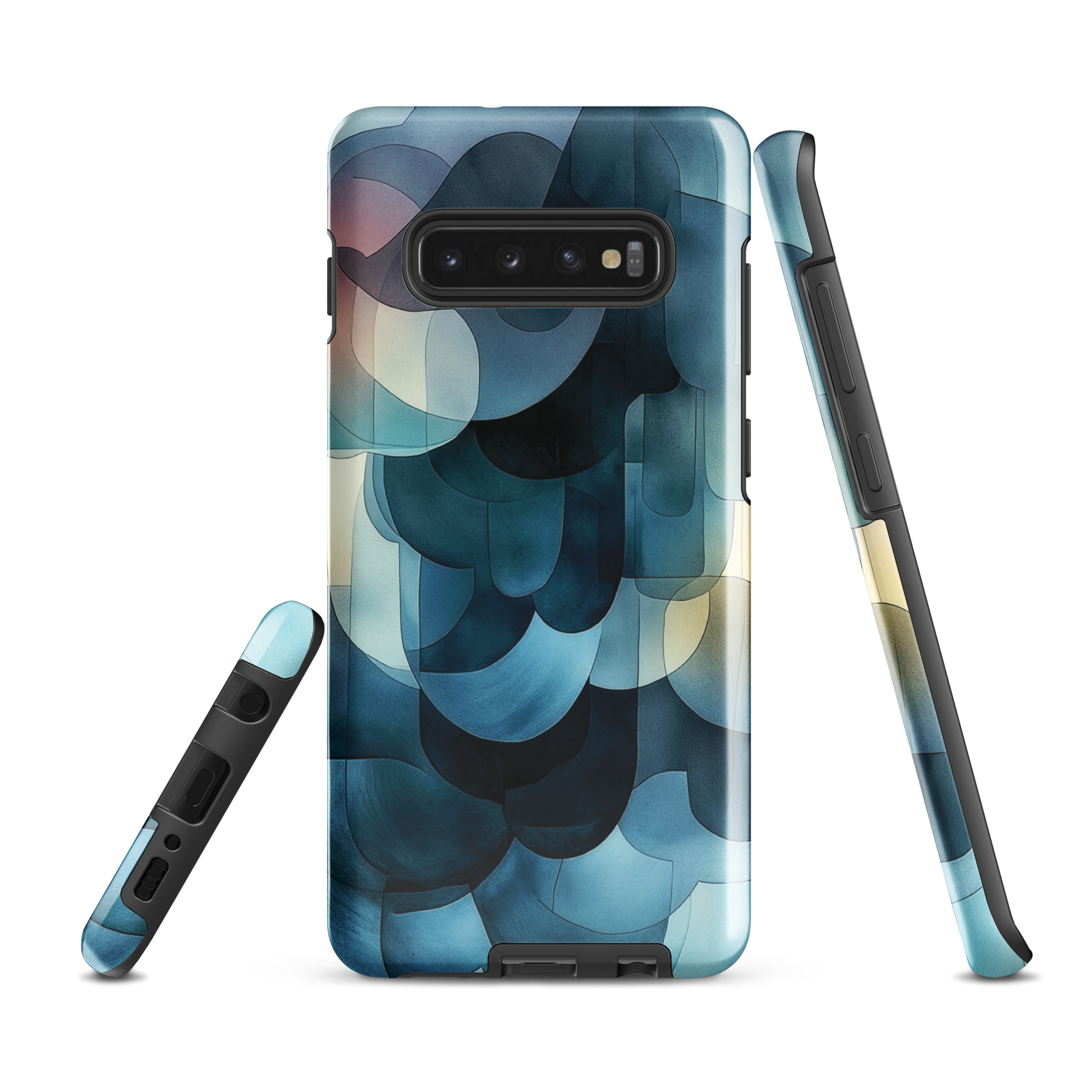 A modern abstract phone case featuring layered blue forms and soft flowing shapes.