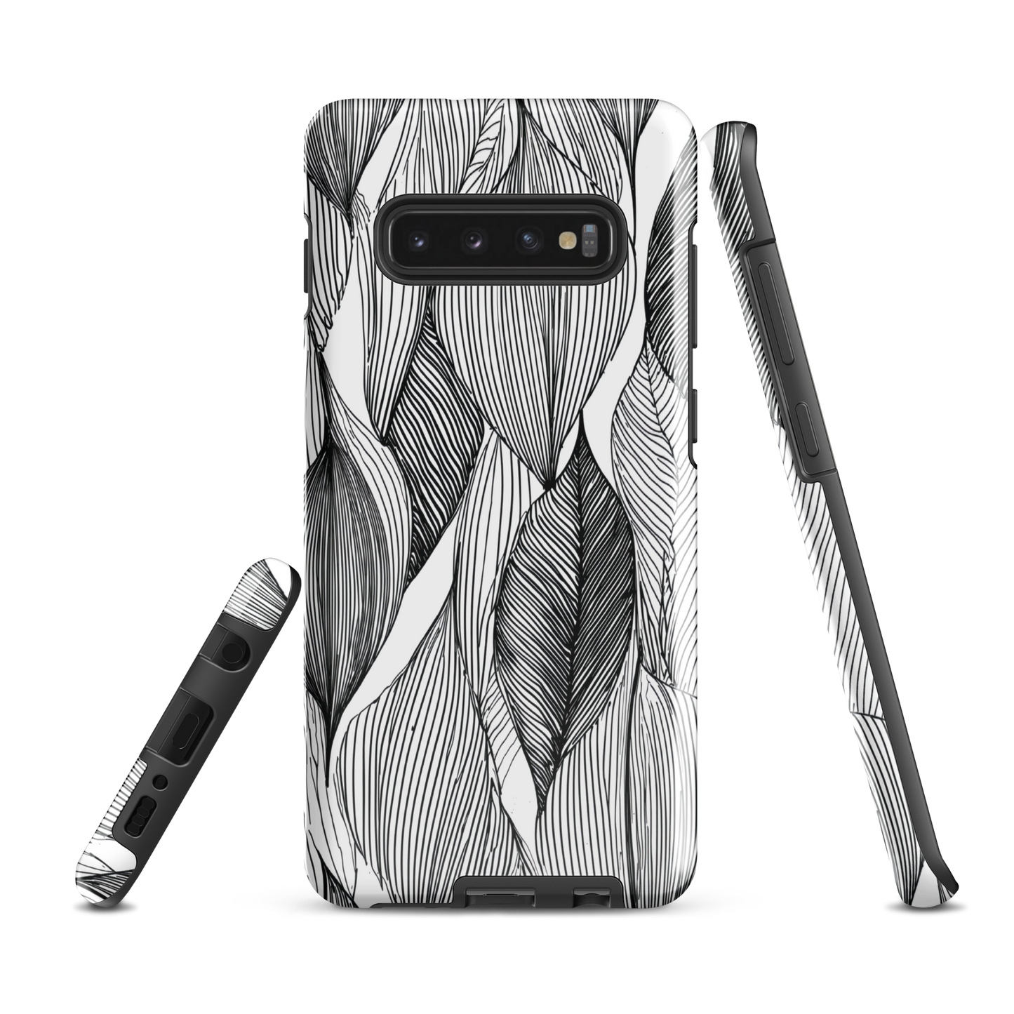 A minimalist phone case featuring fine black botanical linework in a repeating leaf pattern.