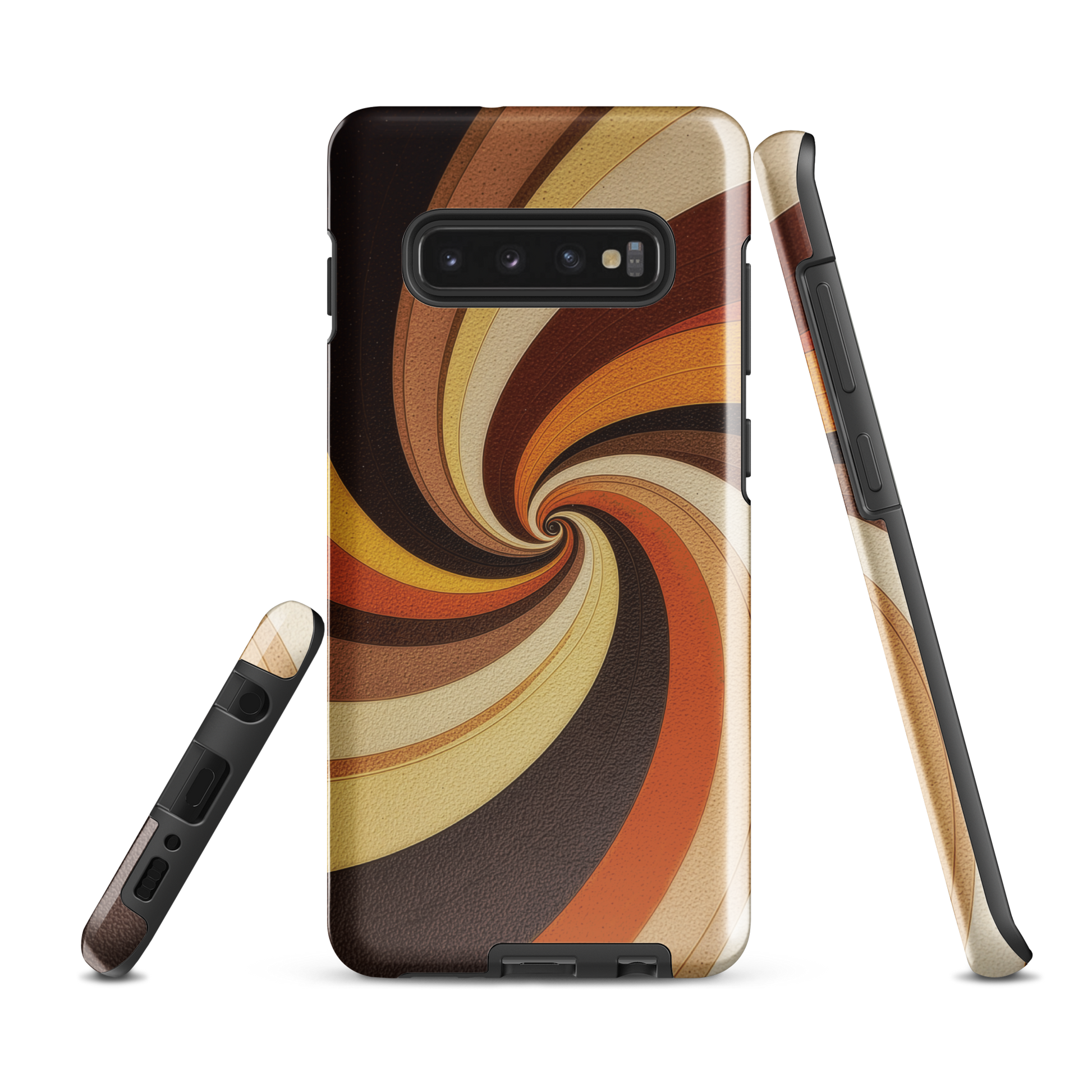 A retro-inspired phone case featuring warm swirling patterns in orange, yellow, and brown tones.