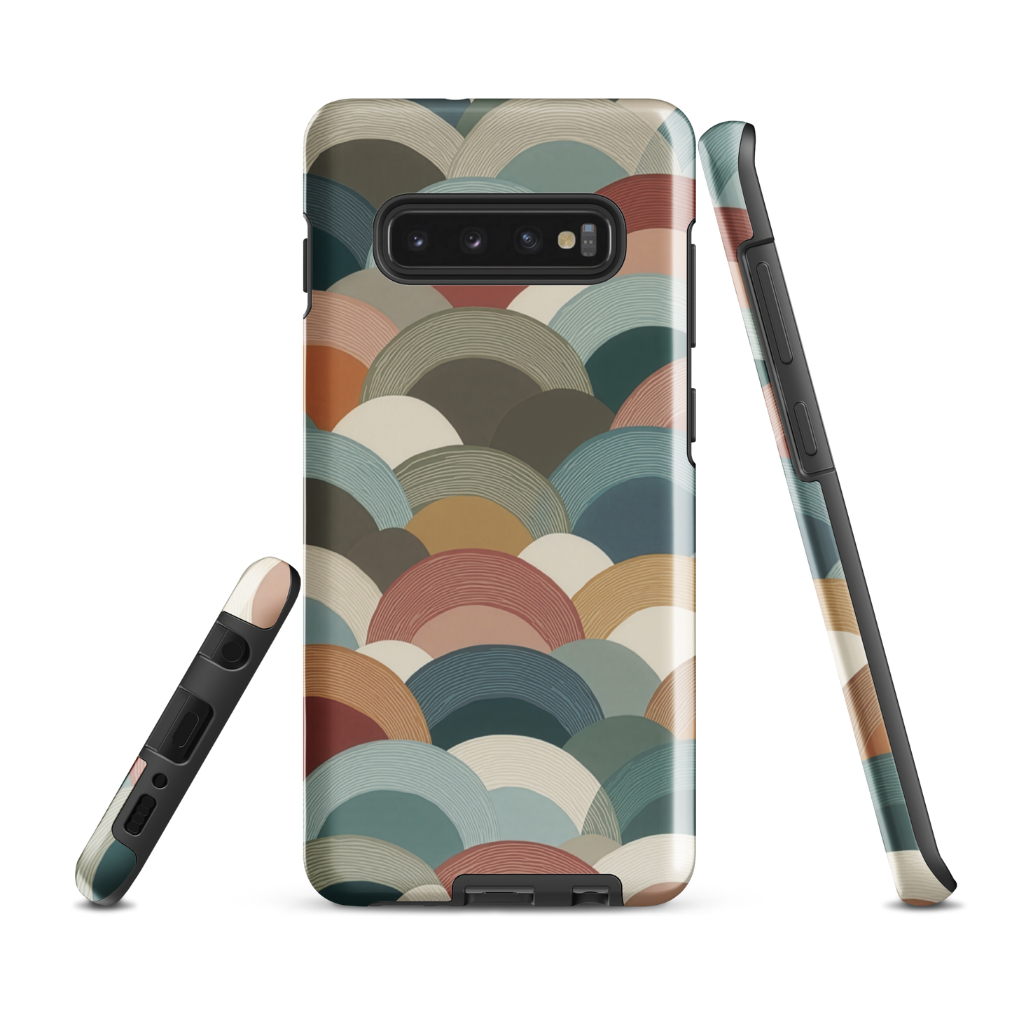 A soft retro-inspired phone case featuring layered arc shapes in warm, earthy tones.