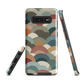 A soft retro-inspired phone case featuring layered arc shapes in warm, earthy tones.