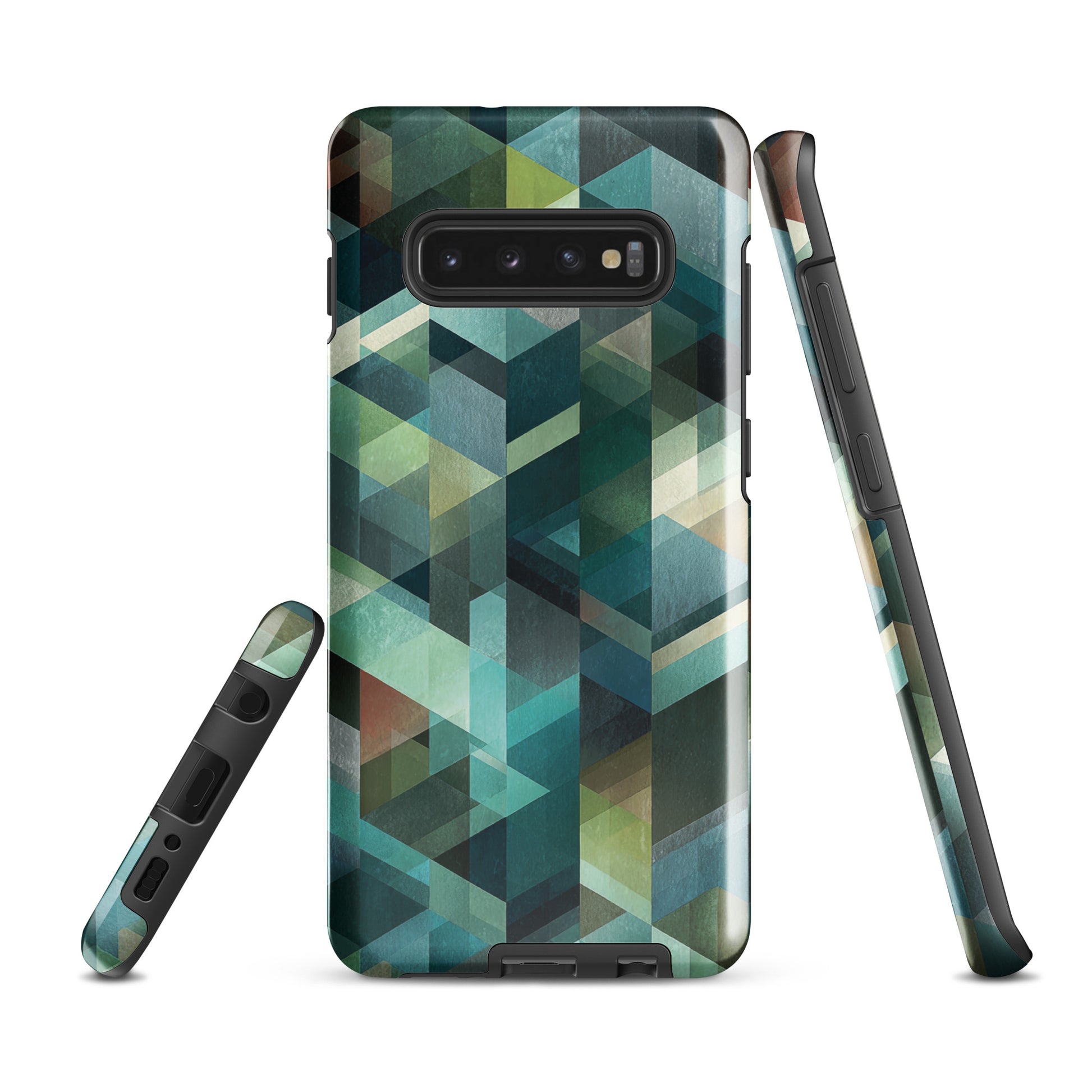 Modern abstract geometric phone case in teal and blue tones with layered retro-inspired shapes.