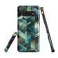 Modern abstract geometric phone case in teal and blue tones with layered retro-inspired shapes.