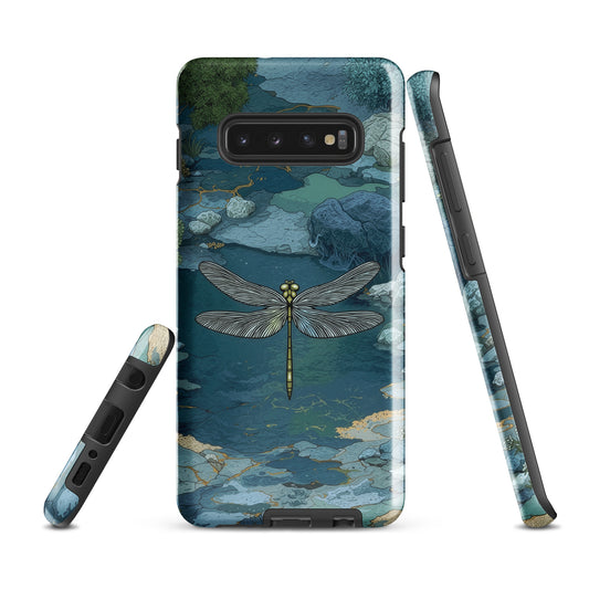 Nature-inspired phone case featuring a dragonfly over calm water with blue and green forest tones.