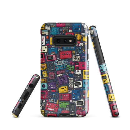 'Arcade' Samsung case, featuring a vibrant collage of hand-drawn controllers in bold, vintage-inspired colours. From electric blue and hot pink to classic black and yellow