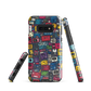 'Arcade' Samsung case, featuring a vibrant collage of hand-drawn controllers in bold, vintage-inspired colours. From electric blue and hot pink to classic black and yellow